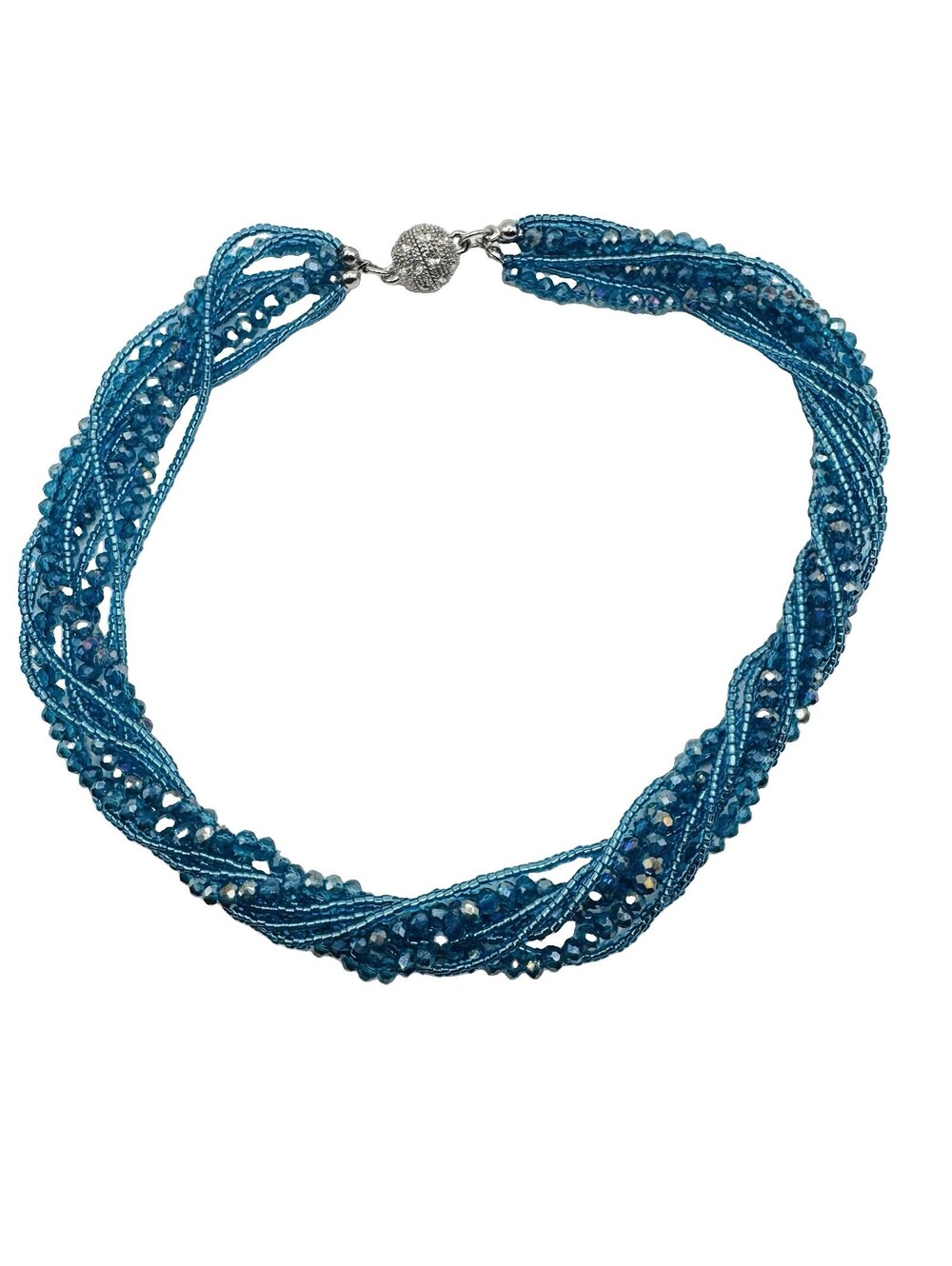 Teal Blue Multilayer Torsade Beaded Braided Chain Choker Collar magnetic Clasp